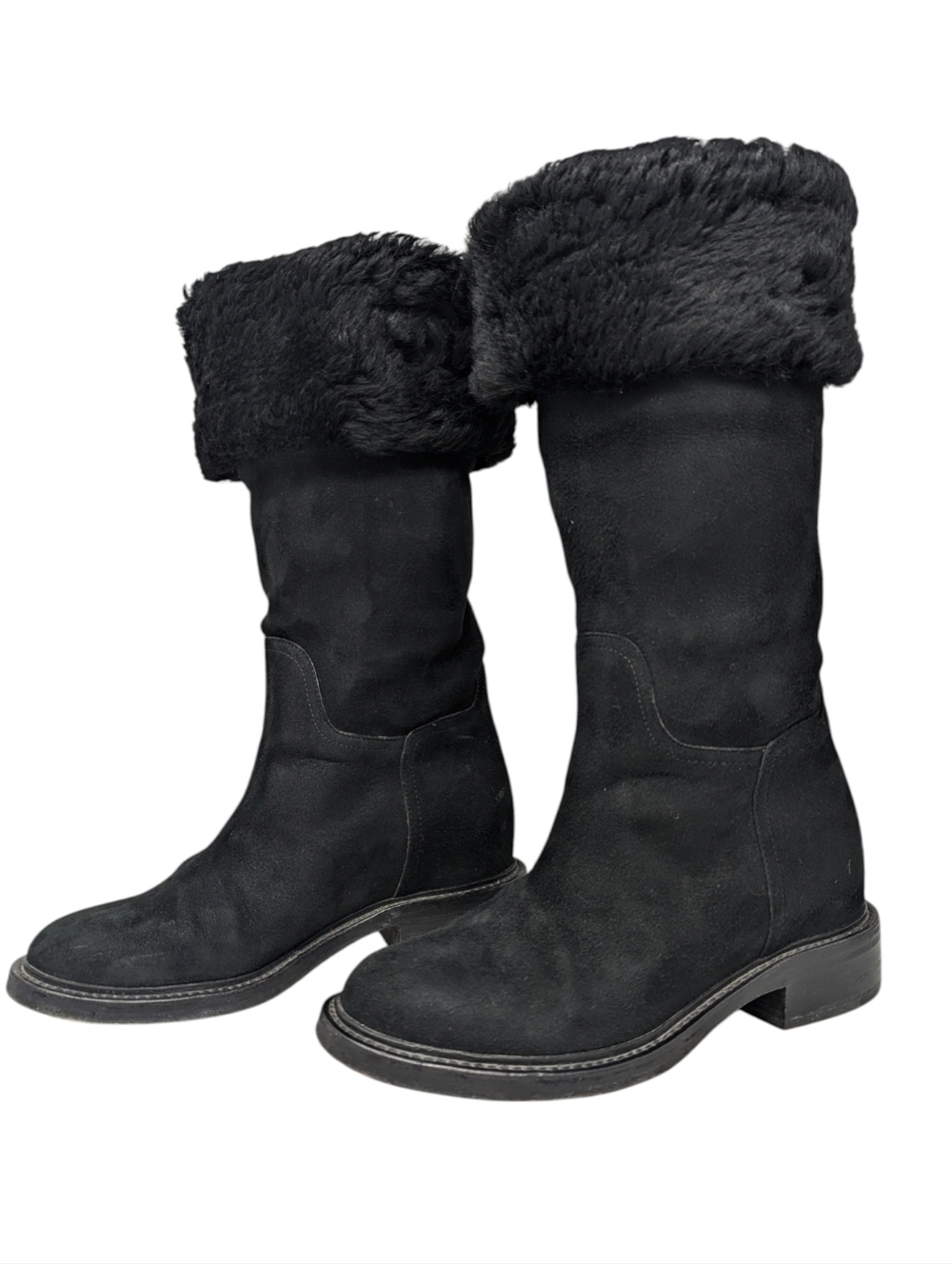 Chanel Black Shearling Nubuck Leather CC Logo Mid Calf Boots 38 - Picture 7 of 11